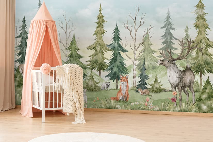 Kids Watercolor Pine Tree Forest with Animals Wallpaper Mural