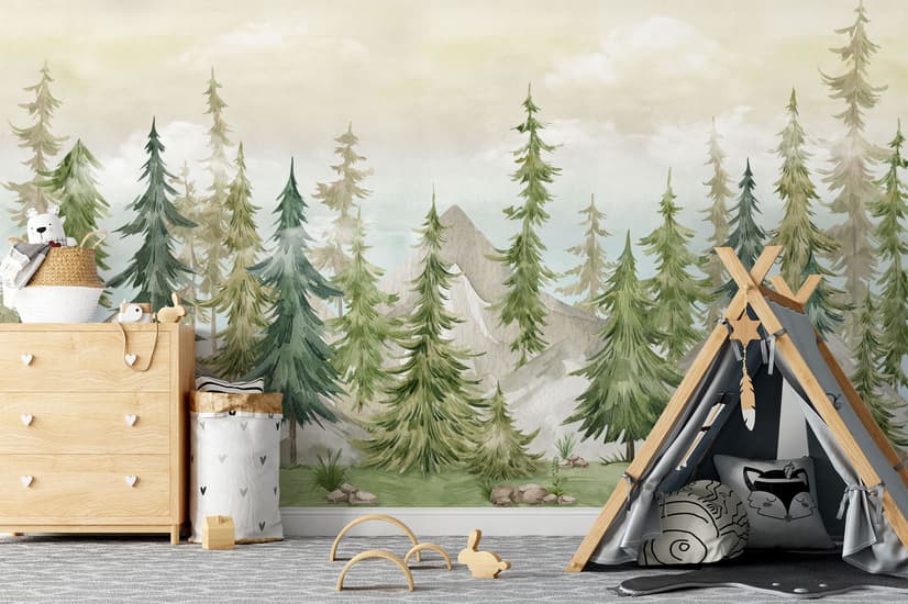 Watercolor Pine Tree Kids Nursery Forest Wallpaper Mural