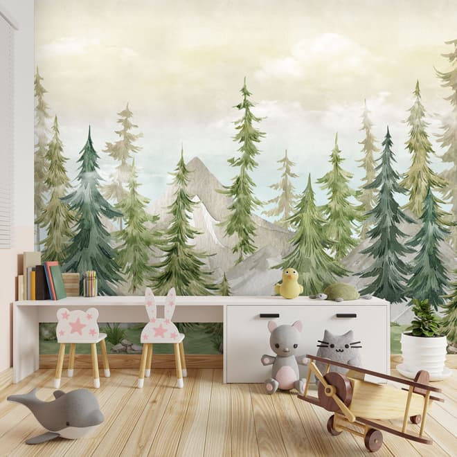 Watercolor Pine Tree Kids Nursery Forest Wallpaper Mural