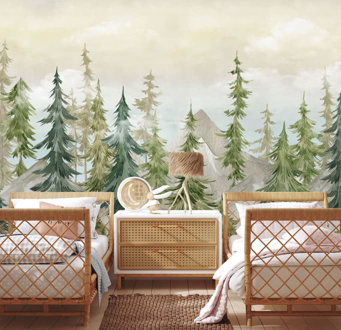 Watercolor Pine Tree Kids Nursery Forest Wallpaper Mural
