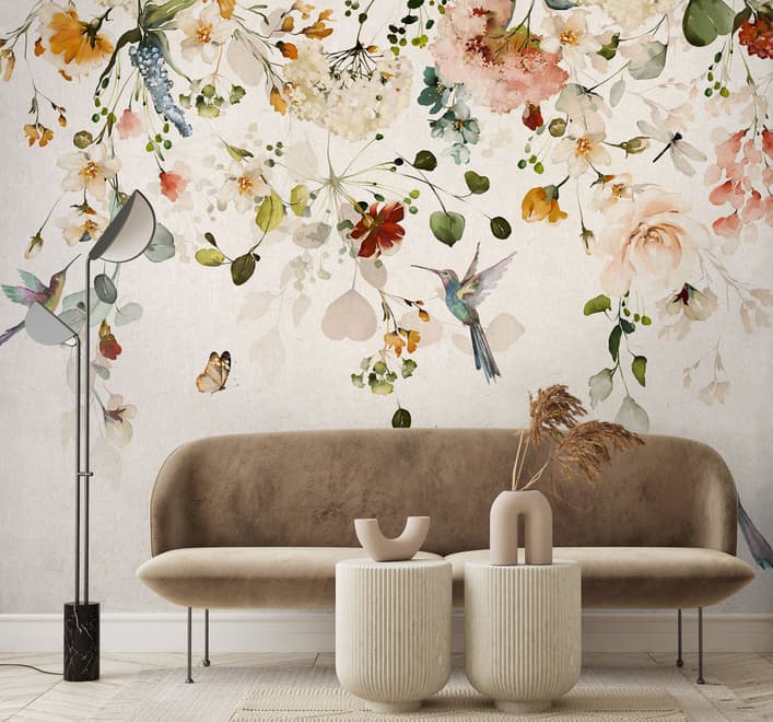 Papier peint panoramique aquarelle douce pivoine fleurs florales