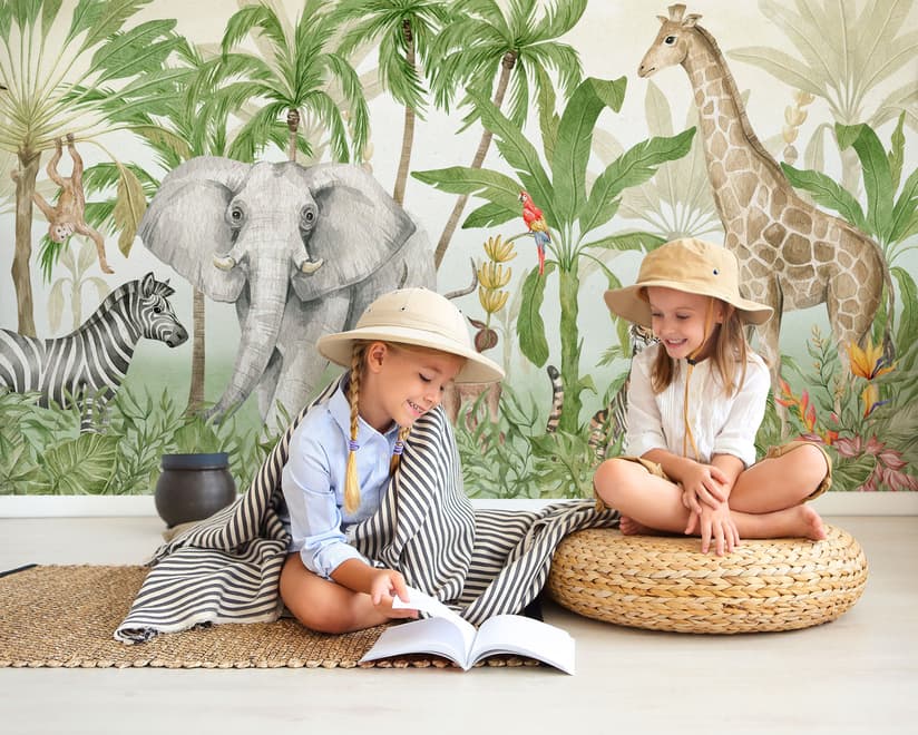 Papier peint jungle avec animaux tropicaux pour enfants