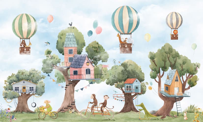 Cute Flying Animals with Treehouse for Kids Nursery Wallpaper Mural