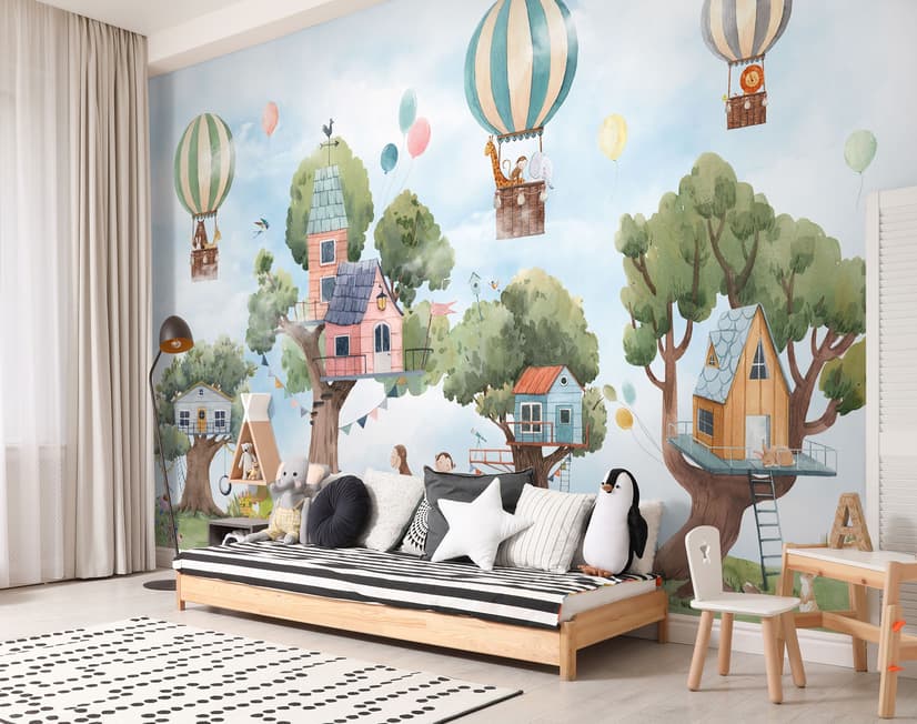 Cute Flying Animals with Treehouse for Kids Nursery Wallpaper Mural