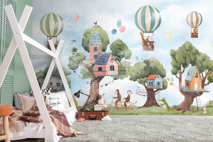 Cute Flying Animals with Treehouse for Kids Nursery Wallpaper Mural