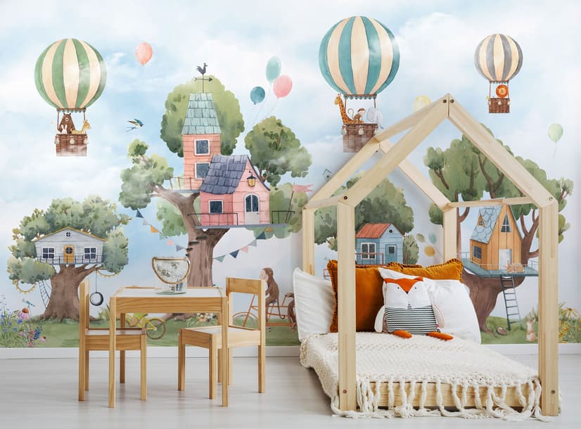 Cute Flying Animals with Treehouse for Kids Nursery Wallpaper Mural