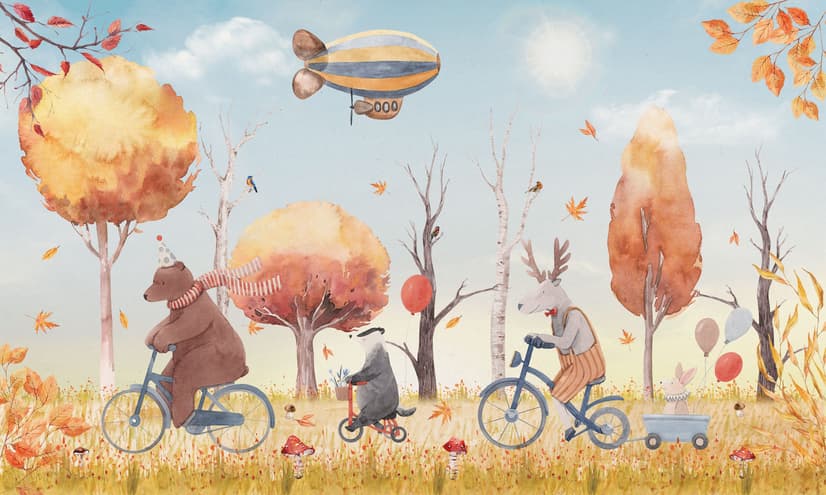 Papier peint panoramique animaux d'hiver et zeppelin pour enfants