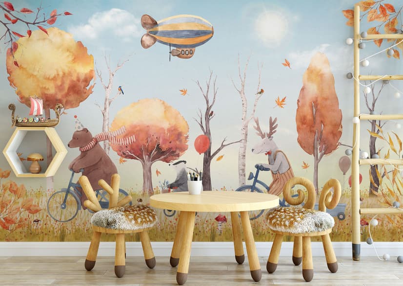 Papier peint panoramique animaux d'hiver et zeppelin pour enfants