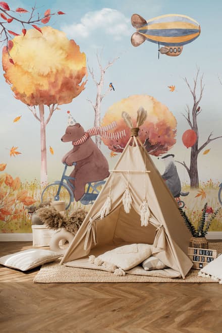 Papier peint panoramique animaux d'hiver et zeppelin pour enfants