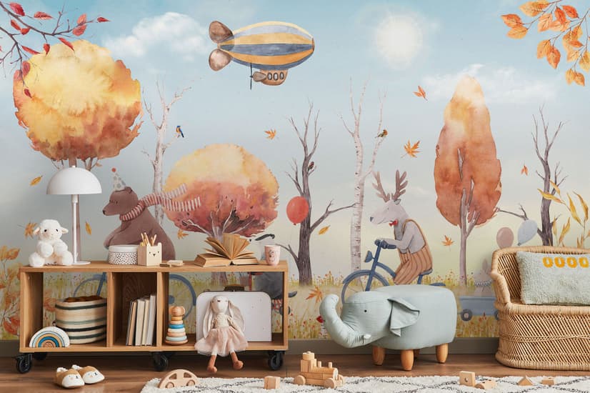 Papier peint panoramique animaux d'hiver et zeppelin pour enfants