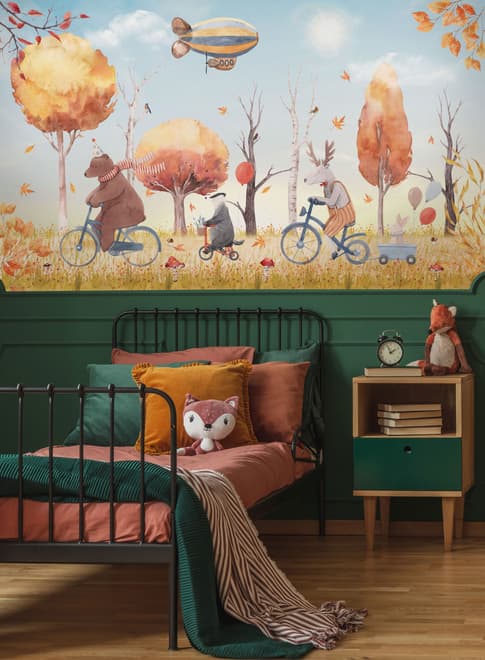 Papier peint panoramique animaux d'hiver et zeppelin pour enfants