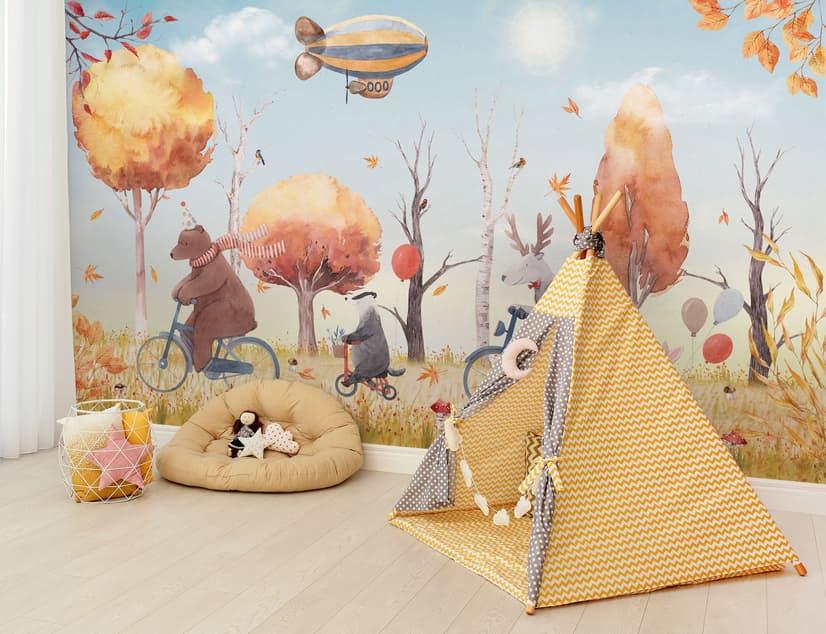Papier peint panoramique animaux d'hiver et zeppelin pour enfants