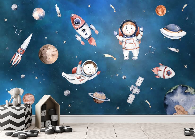 Kids Watercolor Space with Planets Wallpaper Mural