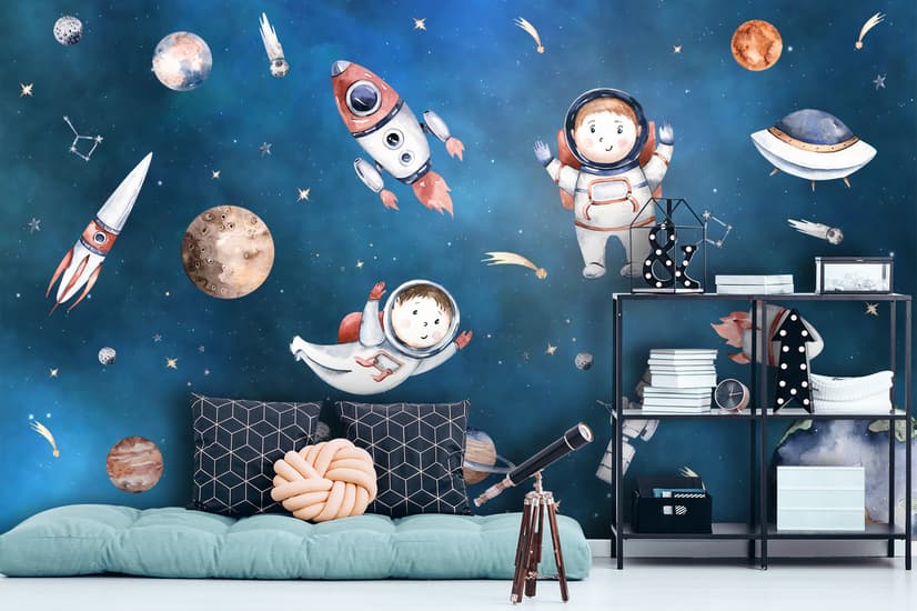 Kids Watercolor Space with Planets Wallpaper Mural
