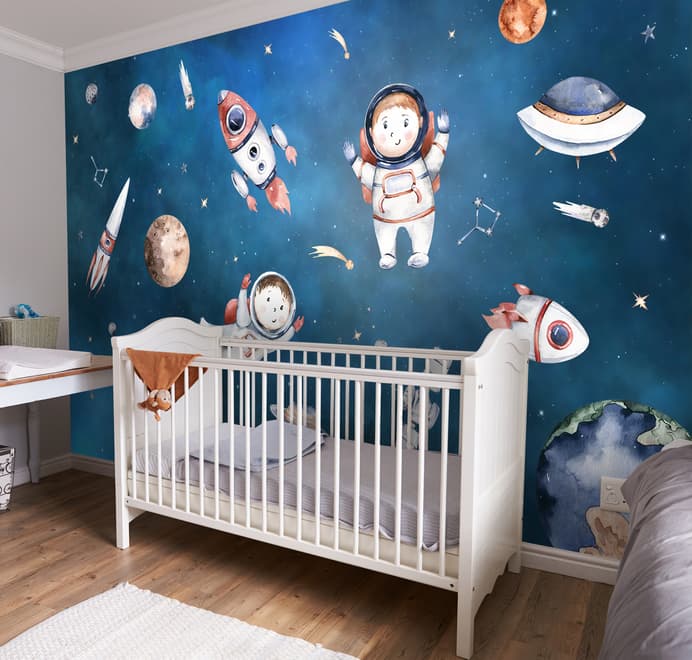 Kids Watercolor Space with Planets Wallpaper Mural