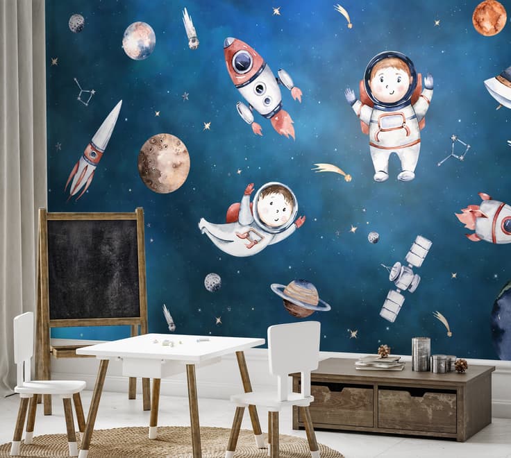 Kids Watercolor Space with Planets Wallpaper Mural