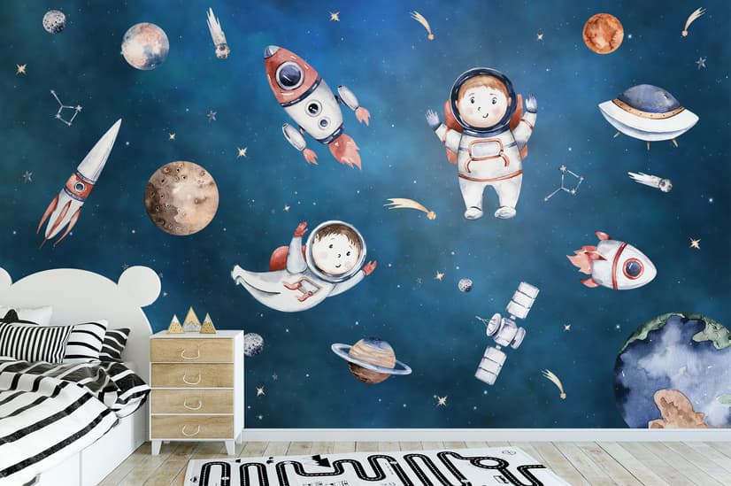 Kinder Aquarell Weltraum mit Planeten Fototapete