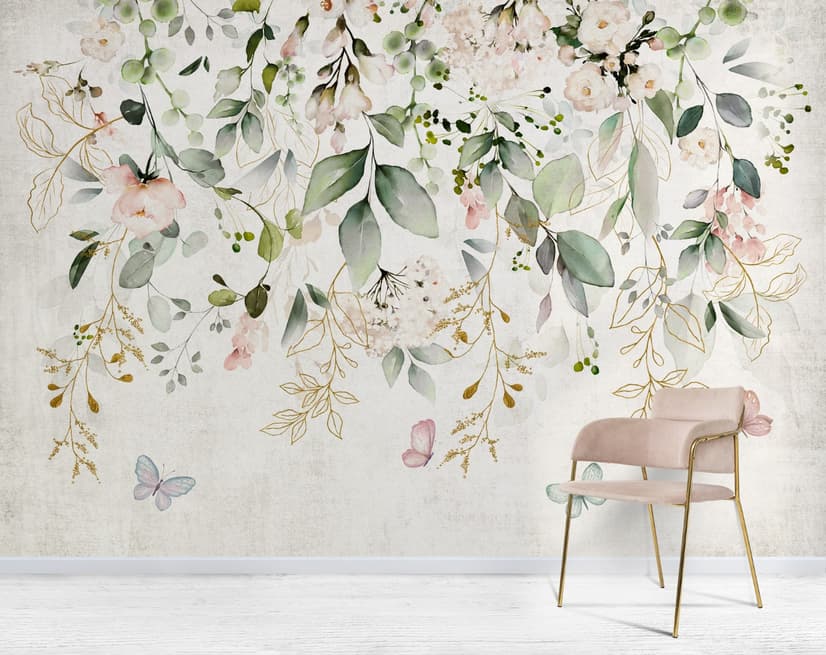 Watercolor Soft Floral with Green Leaves Wall Mural