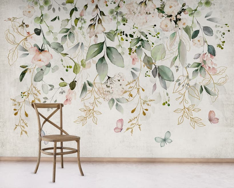 Watercolor Soft Floral with Green Leaves Wall Mural