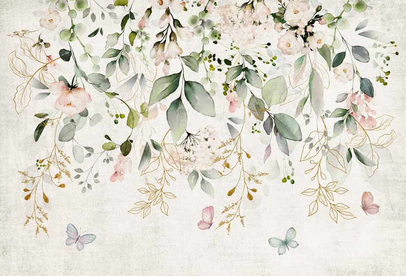Watercolor Soft Floral with Green Leaves Wall Mural