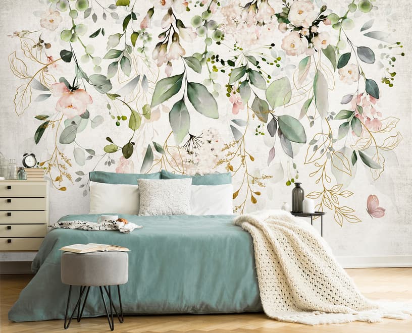Watercolor Soft Floral with Green Leaves Wall Mural