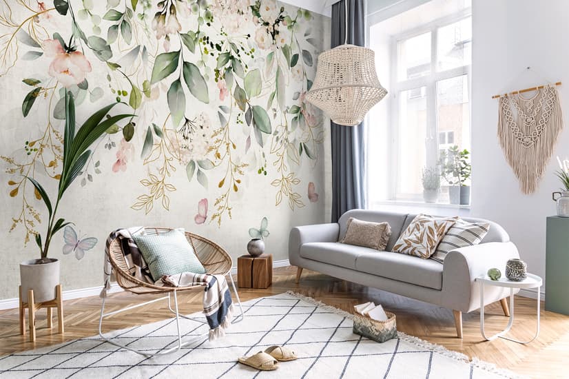 Watercolor Soft Floral with Green Leaves Wall Mural