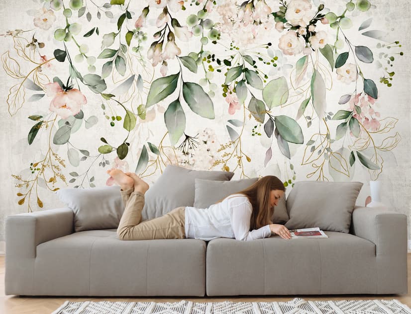 Watercolor Soft Floral with Green Leaves Wall Mural