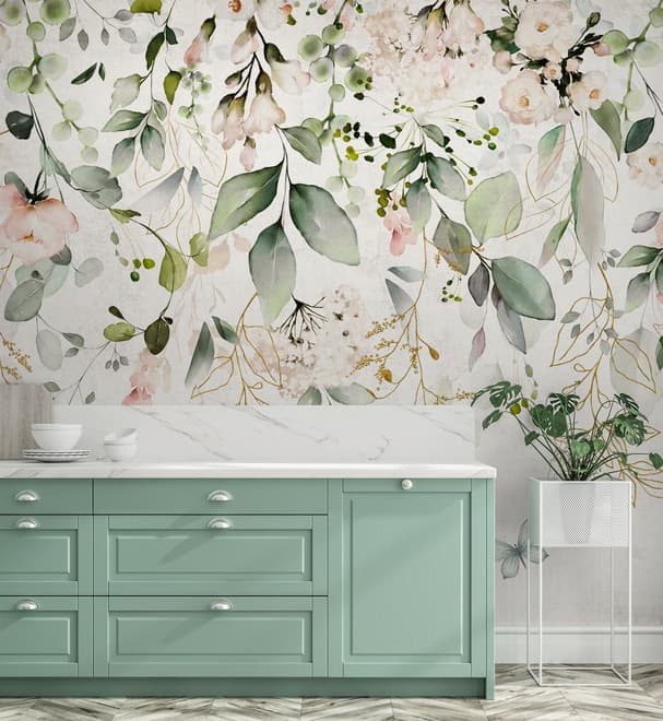 Watercolor Soft Floral with Green Leaves Wall Mural