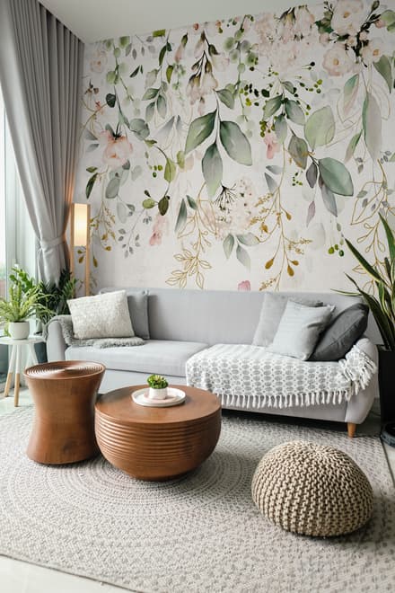 Watercolor Soft Floral with Green Leaves Wall Mural