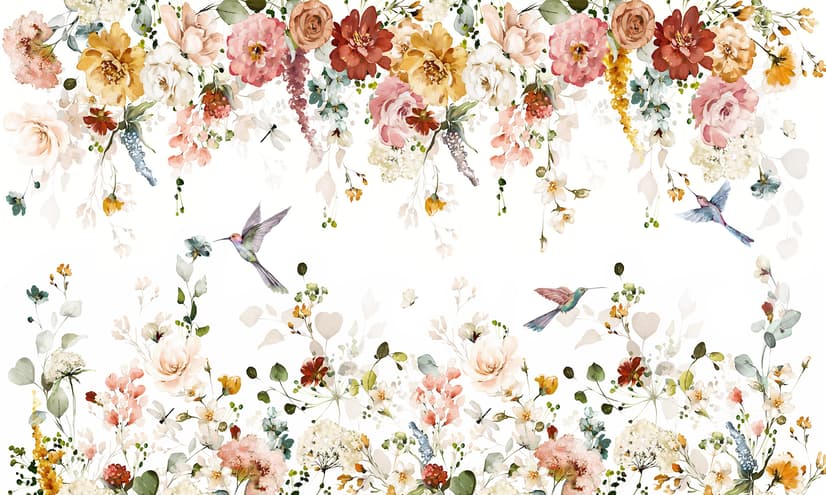 Watercolor Soft Floral with Birds Wallpaper Mural