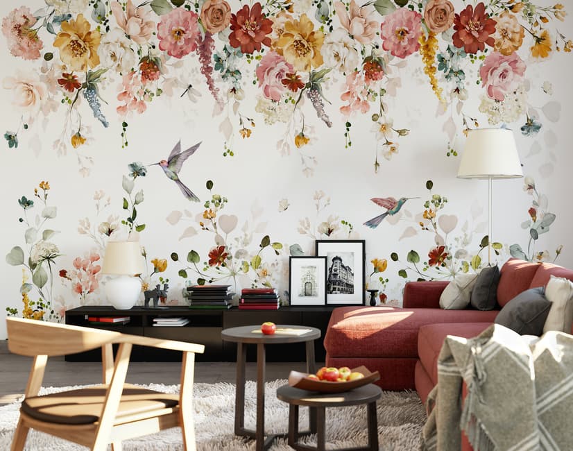 Watercolor Soft Floral with Birds Wallpaper Mural