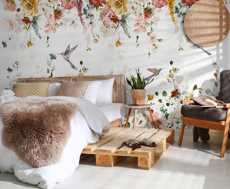 Watercolor Soft Floral with Birds Wallpaper Mural