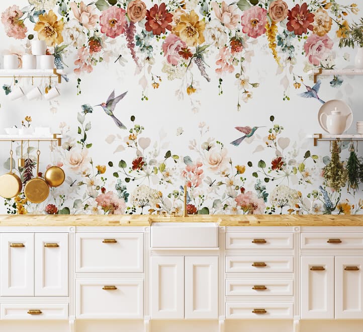 Watercolor Soft Floral with Birds Wallpaper Mural