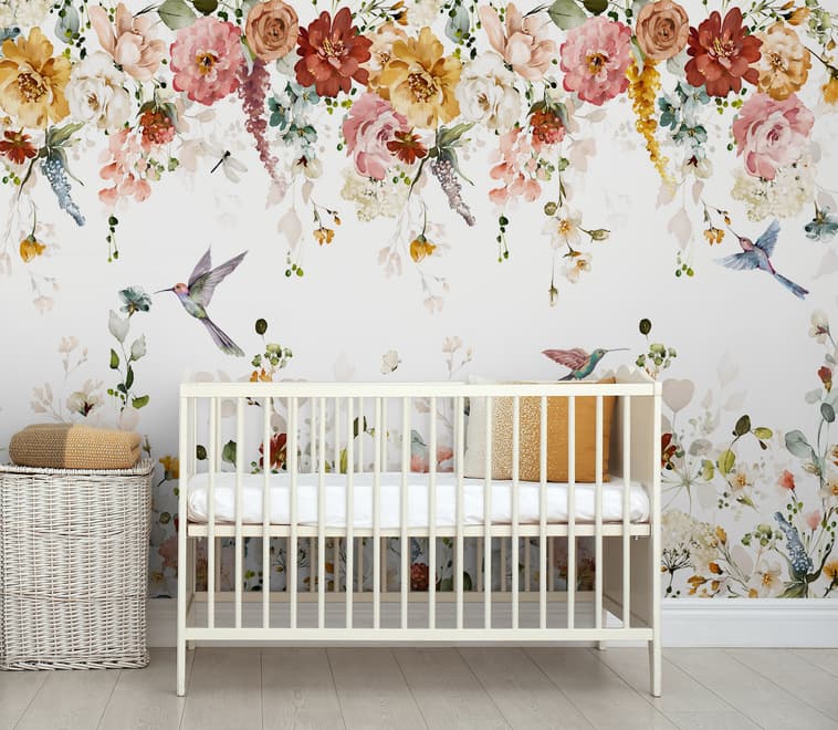 Watercolor Soft Floral with Birds Wallpaper Mural