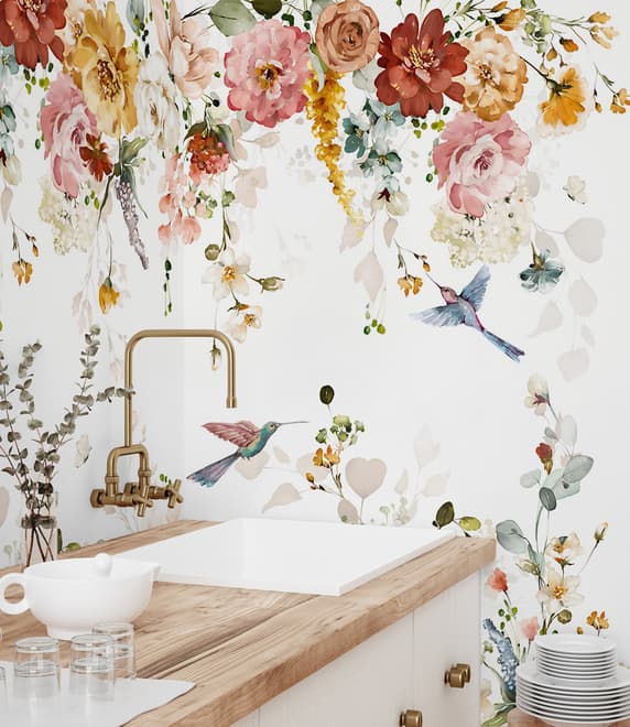 Watercolor Soft Floral with Birds Wallpaper Mural