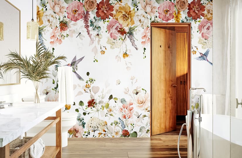 Watercolor Soft Floral with Birds Wallpaper Mural