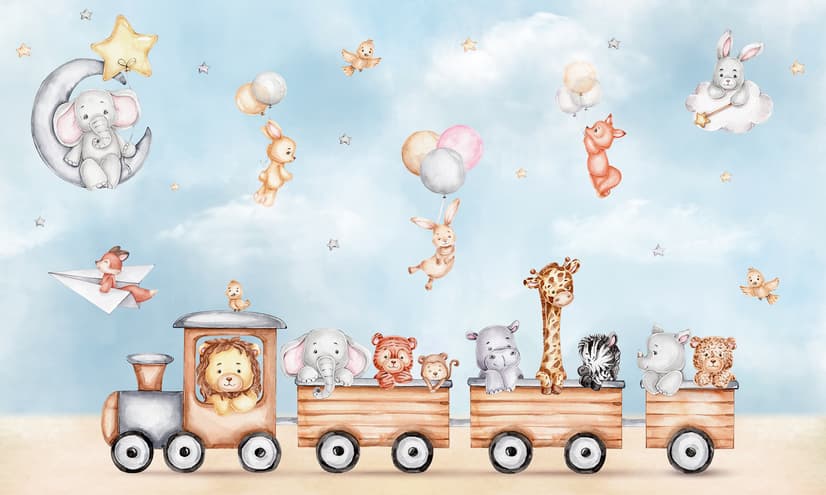 Cute Kids Animals on Train Wallpaper Mural