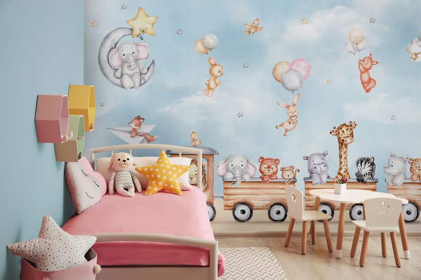 Cute Kids Animals on Train Wallpaper Mural