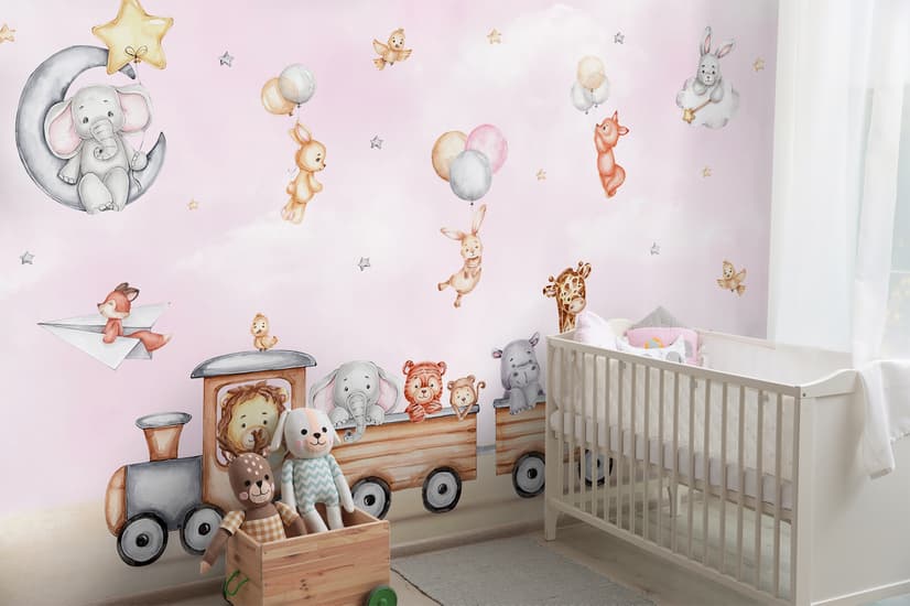 Cute Kids Animals on Train Wallpaper Mural