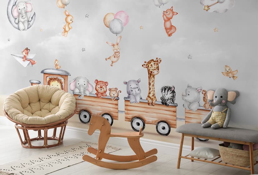Cute Kids Animals on Train Wallpaper Mural