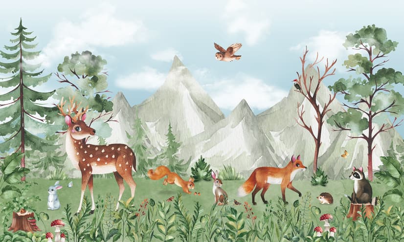 Cute Forest Animals with Kids Mountain Landscape Wallpaper Mural