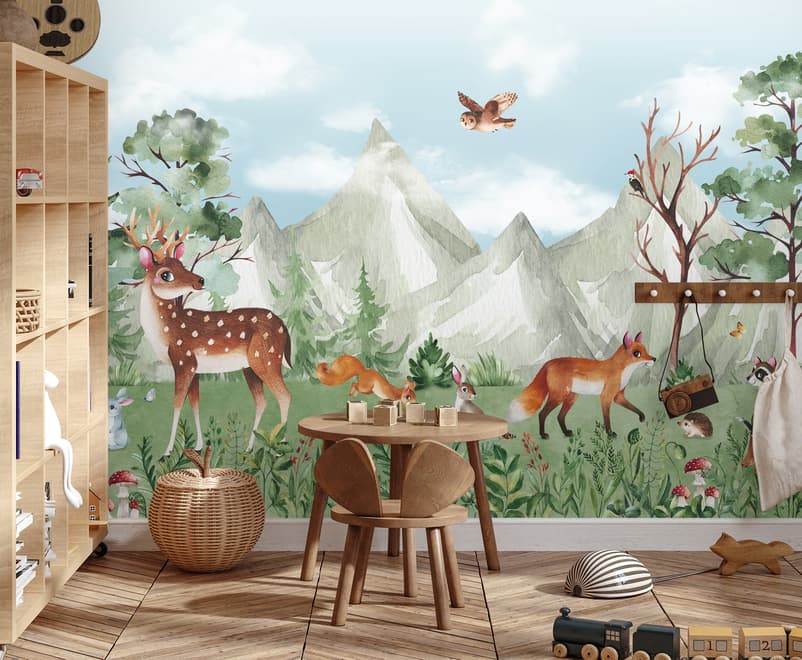 Cute Forest Animals with Kids Mountain Landscape Wallpaper Mural
