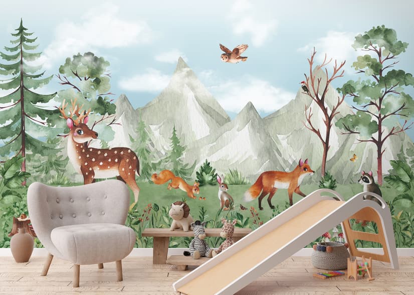 Cute Forest Animals with Kids Mountain Landscape Wallpaper Mural