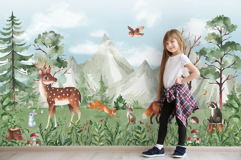 Cute Forest Animals with Kids Mountain Landscape Wallpaper Mural