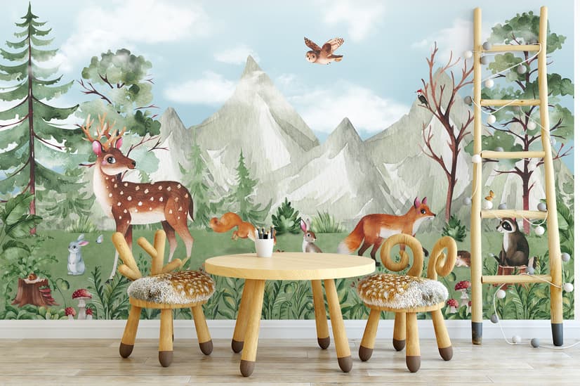 Cute Forest Animals with Kids Mountain Landscape Wallpaper Mural