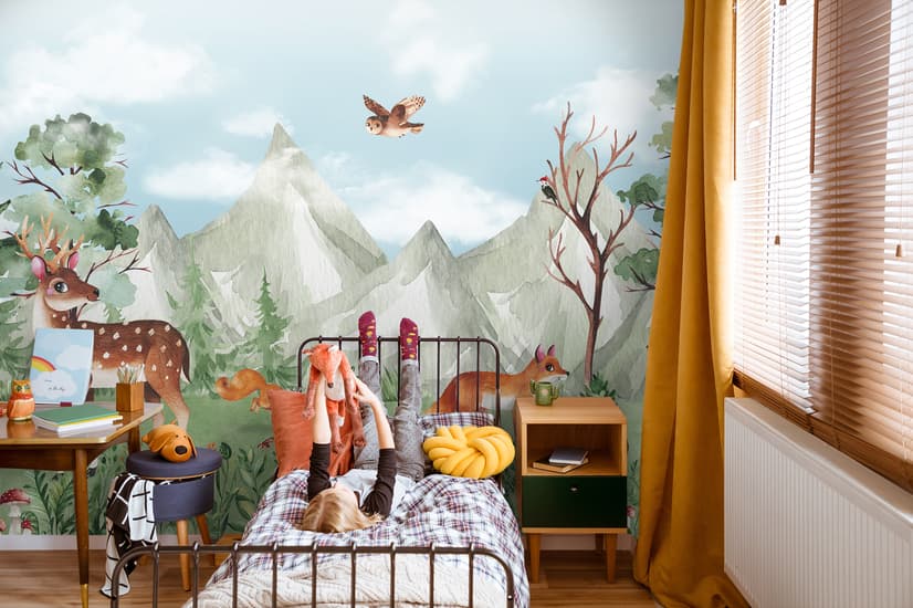 Cute Forest Animals with Kids Mountain Landscape Wallpaper Mural