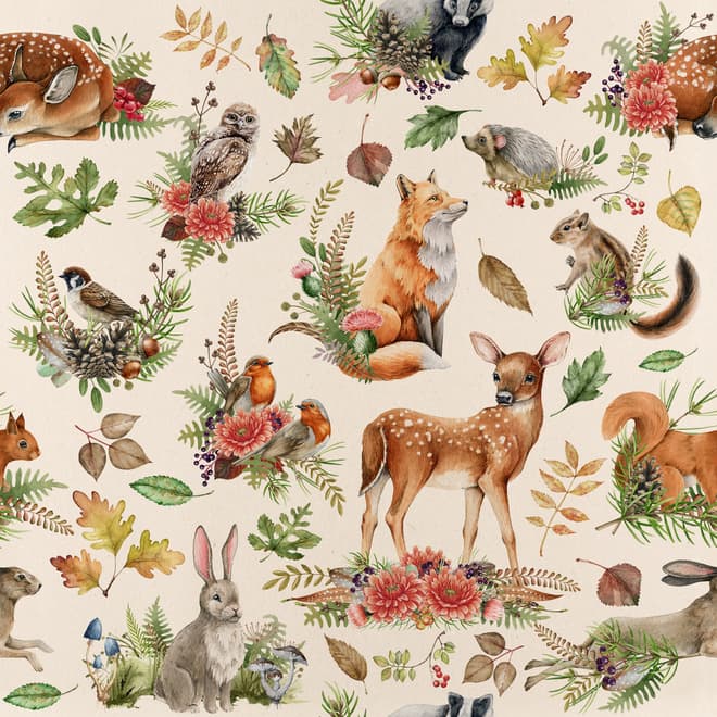 Nursery Watercolor Cute Forest Animals Pattern Wallpaper Mural