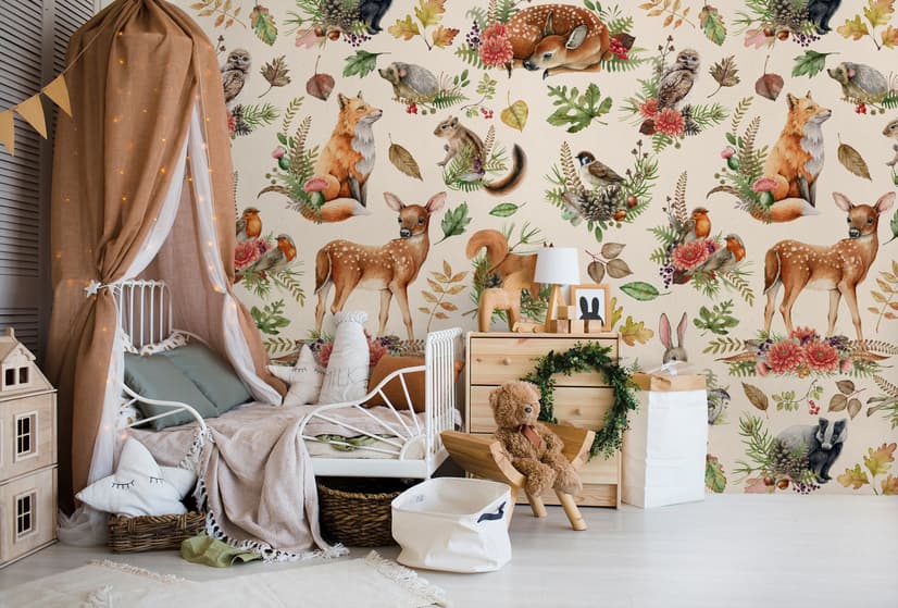 Nursery Watercolor Cute Forest Animals Pattern Wallpaper Mural