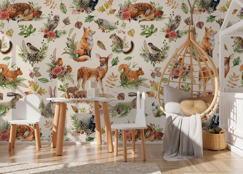 Nursery Watercolor Cute Forest Animals Pattern Wallpaper Mural