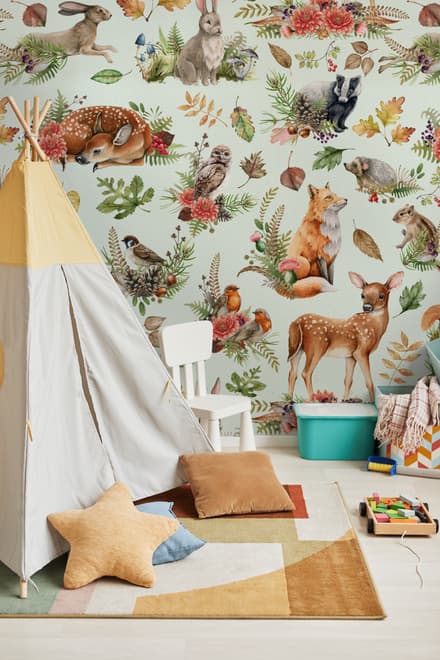 Nursery Watercolor Cute Forest Animals Pattern Wallpaper Mural